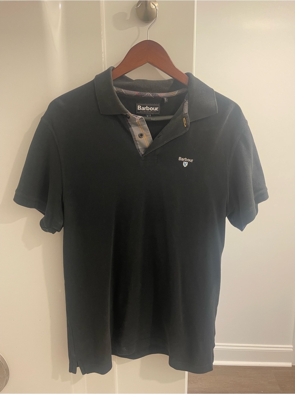 Barbour Black Men's Polo with Plaid Contrast Placket